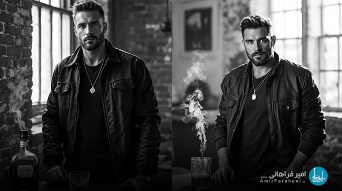 پرامپت آماده یک پرتره سینمایی سیاه و سفید از مردی در یک فضای دنج و روستایی