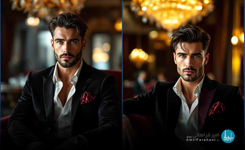 پرامپت آماده پرتره مرد و ظرافت مدرن در هتل